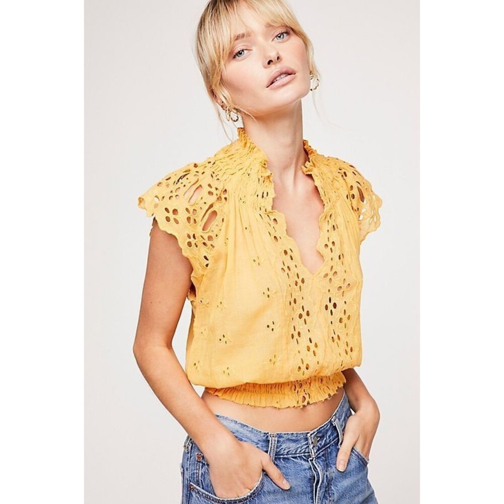Free People FP One Uliya Eyelet Top Small Yellow Smocked High Neck Cap Sleeve